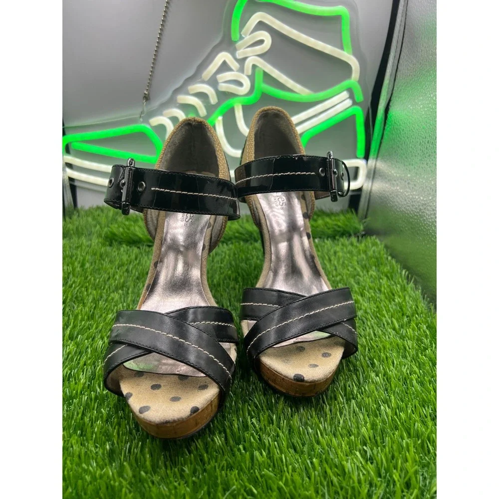 Charles by Charles David Black Platform Sandals Cork Heel Burlap Strappy 6.5B